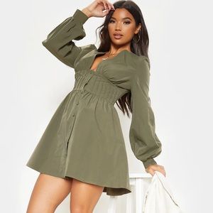 PrettyLittleThing Khaki fit and flare button up dress